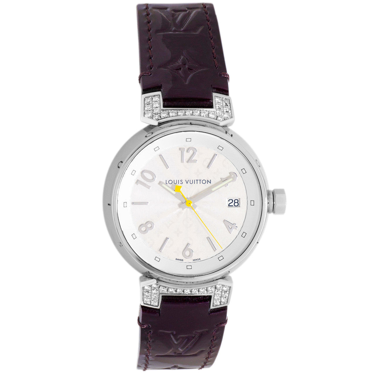 Exclusive Louis Vuitton Stainless Steel & Diamond Tambour 34mm Quartz Watch Q1310 — Front View