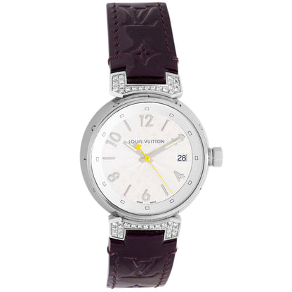 Exclusive Louis Vuitton Stainless Steel & Diamond Tambour 34mm Quartz Watch Q1310 — Front View