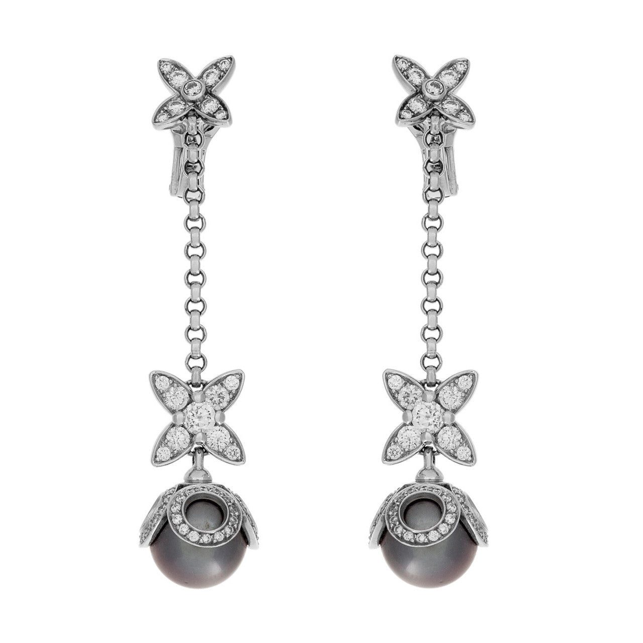 Exclusive Louis Vuitton 18K White Gold, Diamond, Tahitian Pearl Elegantes Ear Pendants — Front View