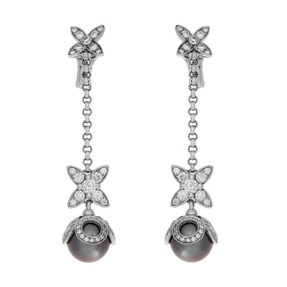 Exclusive Louis Vuitton 18K White Gold, Diamond, Tahitian Pearl Elegantes Ear Pendants — Front View