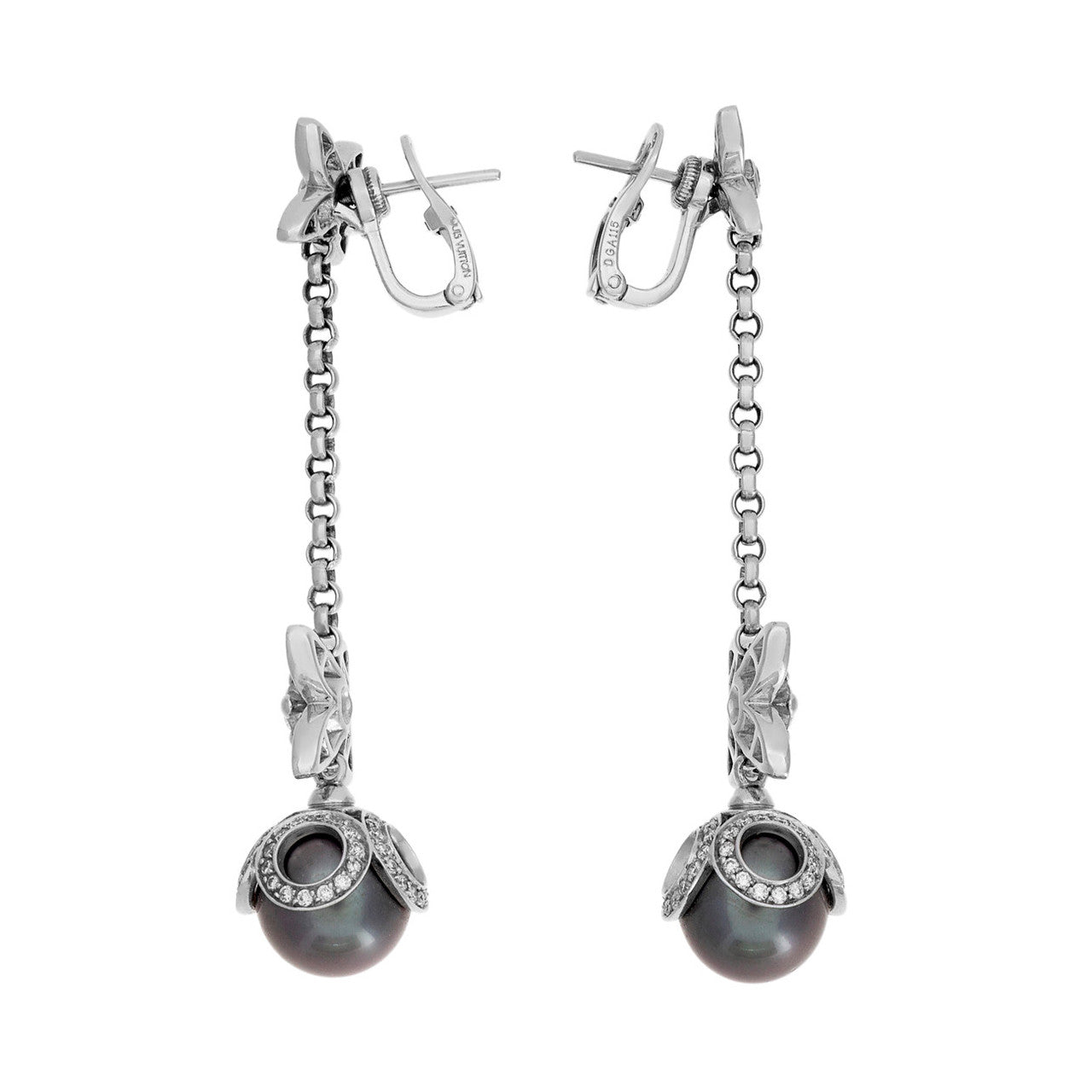 Exclusive Louis Vuitton 18K White Gold, Diamond, Tahitian Pearl Elegantes Ear Pendants — Side View
