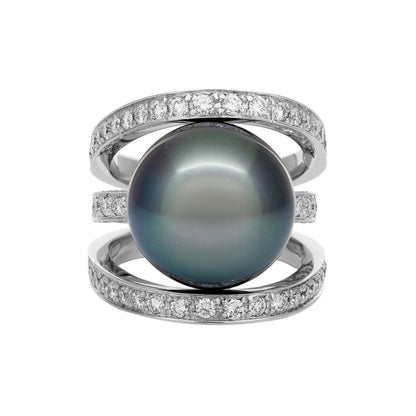 Exclusive 18K White Gold Diamond Tahitian Black Pearl Ring — Front View