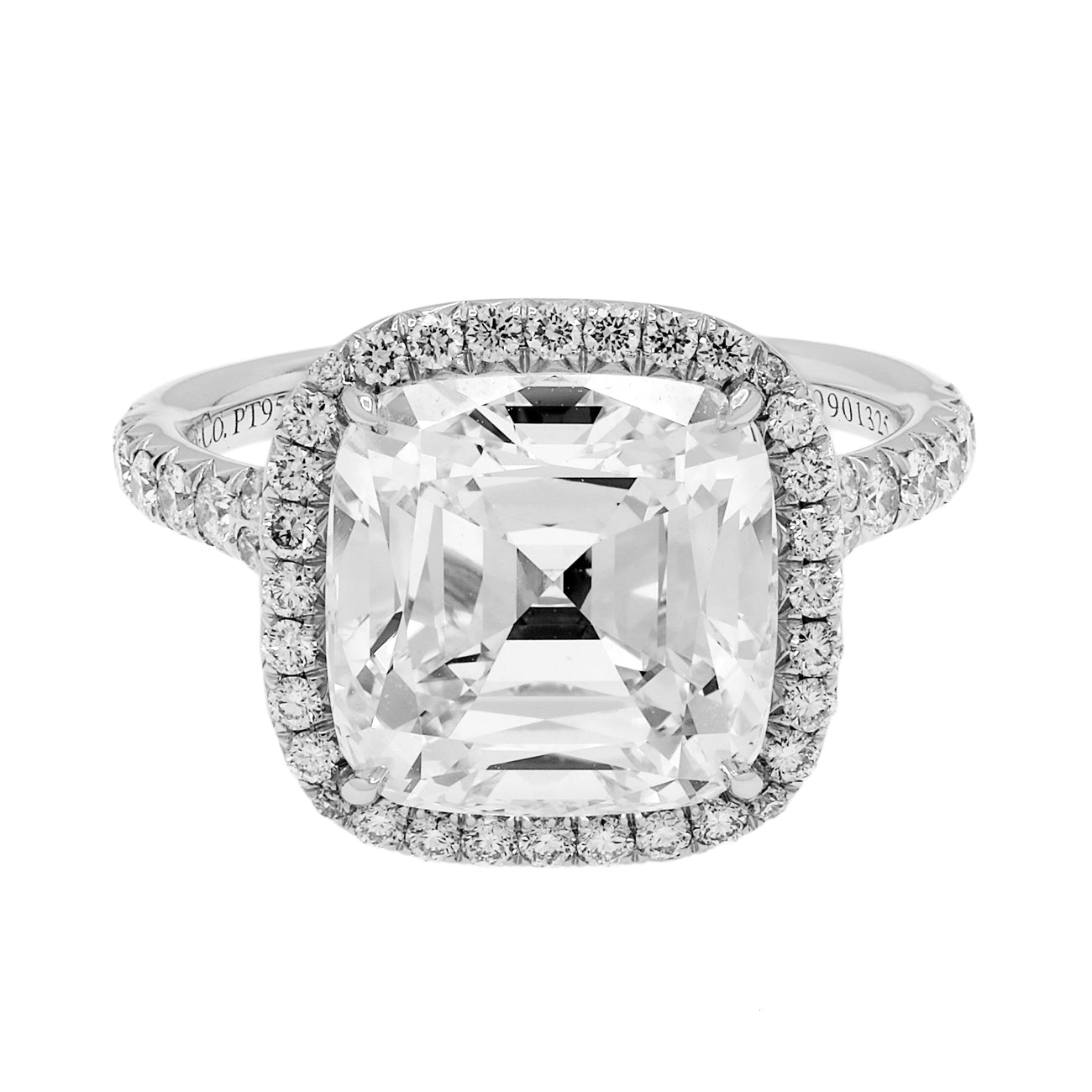 Exclusive Tiffany & Co. Platinum 4.59 Carat Cushion Cut Diamond Soleste Halo Engagement Ring — Front View