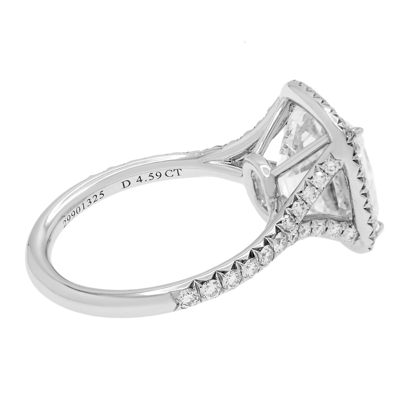 Exclusive Tiffany & Co. Platinum 4.59 Carat Cushion Cut Diamond Soleste Halo Engagement Ring — Back View