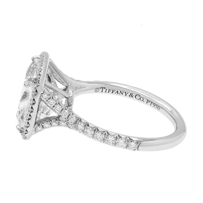 Exclusive Tiffany & Co. Platinum 4.59 Carat Cushion Cut Diamond Soleste Halo Engagement Ring — Side View